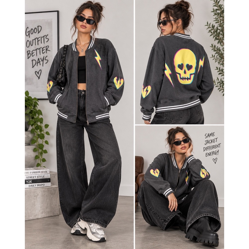 Torrid Size 4 Neon Skull Varsity Jacket Y2K Emo Pop Punk Graphic Bomber